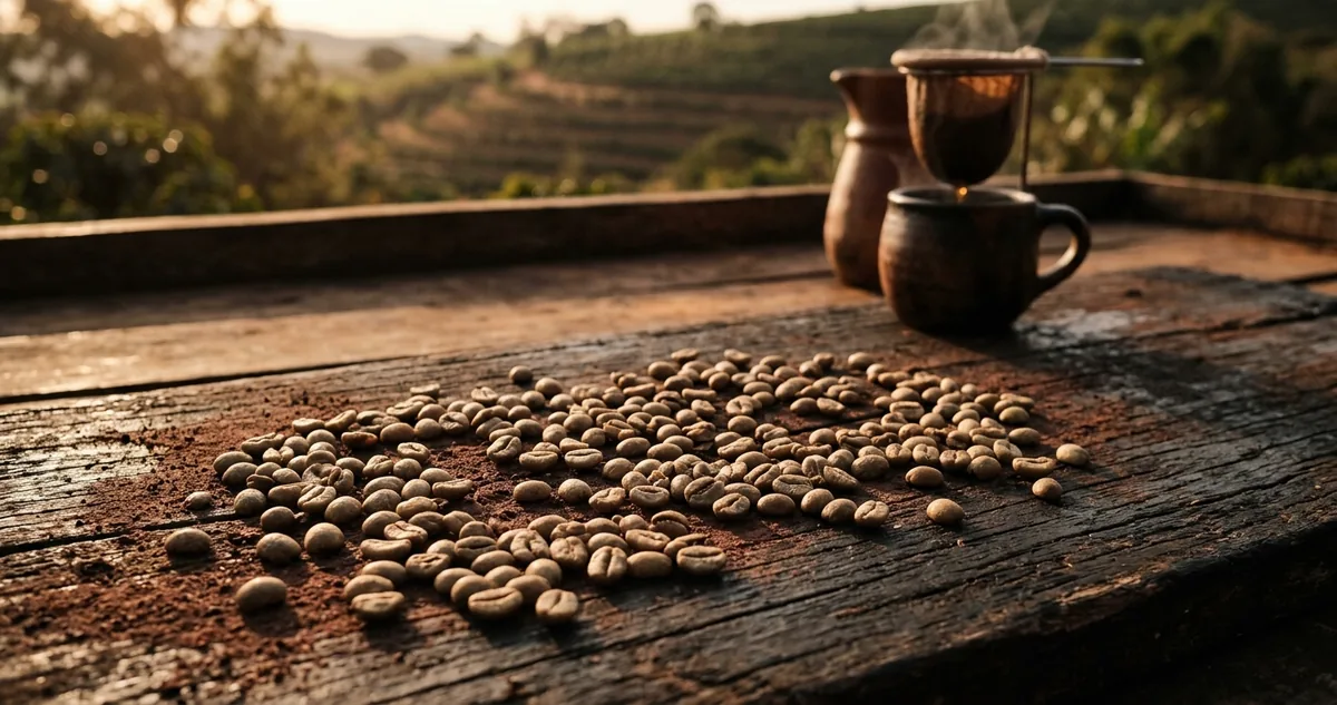 Bandeja de aço com terra vermelha escura de origem vulcânica sobre mesa de madeira gasta, segunda bandeja com grãos verdes de arábica cru, terceira bandeja com grãos torrados em ponto médio, xícara branca de café preto ao lado, uma pedra escura de basalto e um pedaço quebrado de laterita vermelha apoiados na madeira, um coador V60 com filtro de papel e uma chaleira de bico fino ao fundo e, mais atrás desfocado, fileiras de cafeeiros num planalto de terra vermelha na luz da manhã
