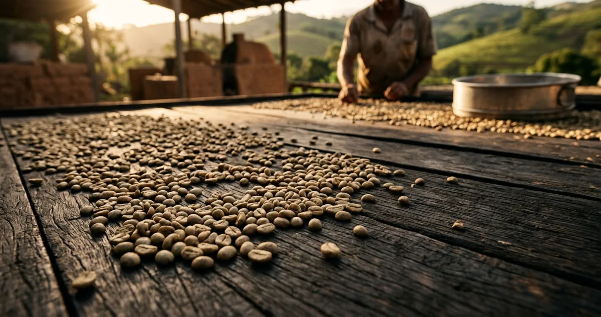 Terreiro de terra batida numa fazenda pequena, com cerejas de café rastelhadas em fileiras longas direto sobre o solo avermelhado, um rastelo de madeira apoiado atravessado numa das fileiras, uma bandeja rasa de metal na borda com grãos de torra escura, um cezve de latão de cabo comprido ao lado de uma xícara pequena de porcelana e um saco de aniagem de exportação dobrado