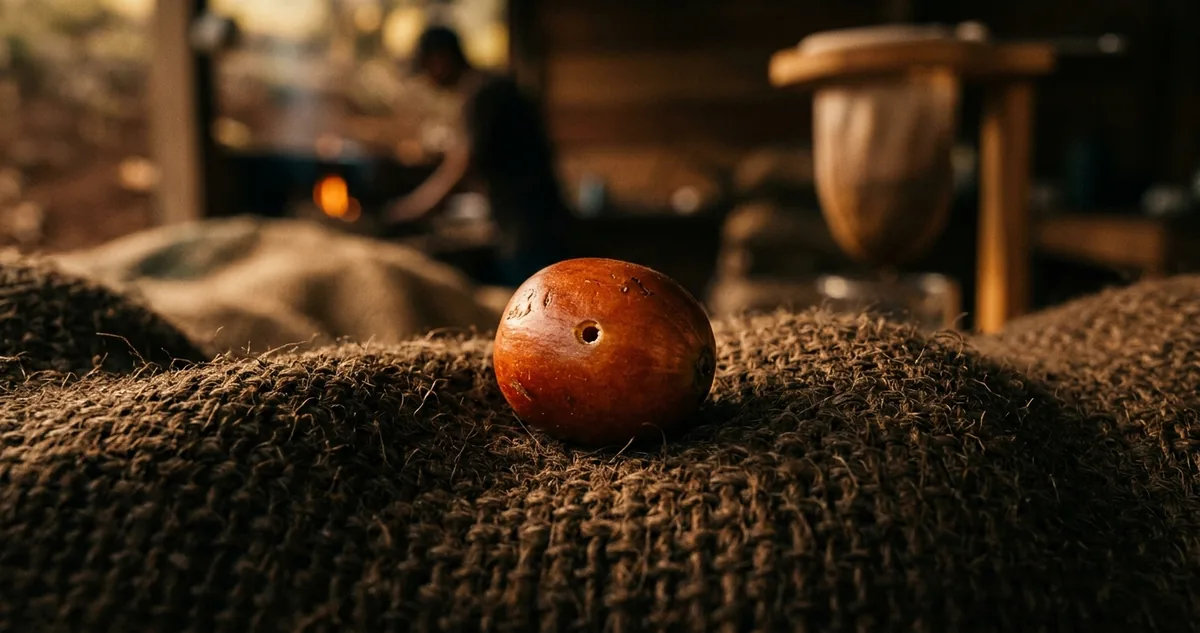 Cerejas de café maduras sobre bancada de madeira em vista aproximada, uma delas virada mostrando um furo escuro minúsculo na coroa, alguns grãos crus abertos ao lado revelando uma galeria interna, uma pinça de aço e uma lupa apoiadas na madeira, um coador cônico de papel e uma caneca de cerâmica desfocados ao fundo e um saco de aniagem dobrado na borda