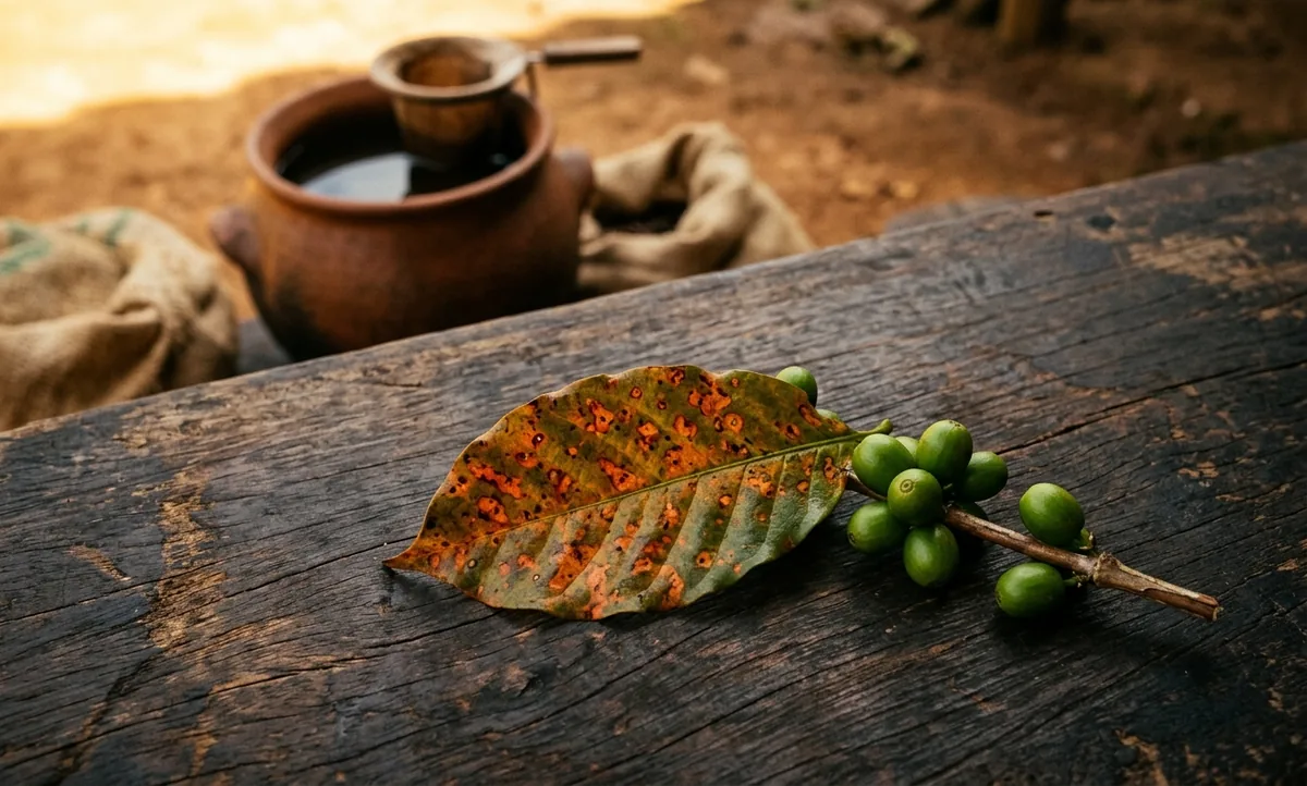 Folha de cafeeiro verde escura sobre bancada de madeira gasta, com a face de baixo virada para cima mostrando manchas alaranjadas e pulverulentas, uma lupa de mão e uma pinça de aço ao lado, grãos crus esverdeados espalhados, um saco de aniagem dobrado na borda e uma jarra de vidro com filtro de papel espesso desfocada ao fundo