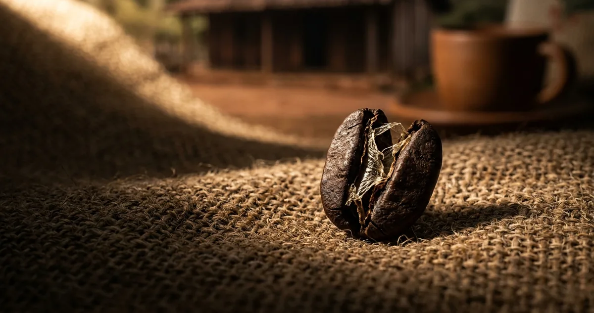 Grãos de café recém torrados escorrendo de uma bandeja metálica de resfriamento sobre bancada de madeira gasta, um grão aberto ao meio mostrando o interior fissurado, fiapos de película solta e vapor no ar sob luz lateral dura, uma concha de aço e um termômetro de haste ao lado da pilha, um saco de aniagem dobrado na borda e um coador cônico de vidro desfocado ao fundo