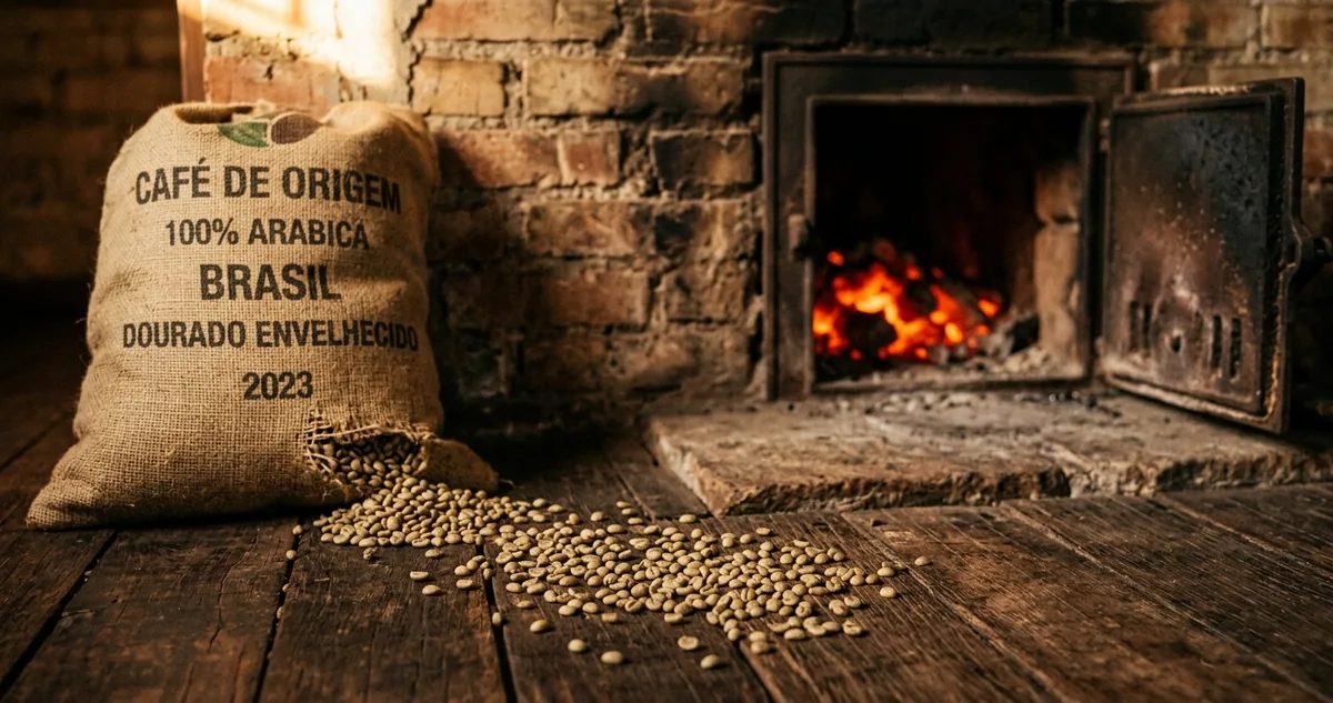 Sacas de aniagem cheias de café empilhadas ao lado da porta aberta de uma fornalha industrial num galpão de tijolo antigo, grãos verdes escorrendo de uma saca rasgada sobre o piso de concreto coberto de fuligem, luz alaranjada do fogo atravessando as sacas pela direita, fumaça no ar e um carrinho de carga de madeira junto ao trilho de um antigo ramal de porto ao fundo
