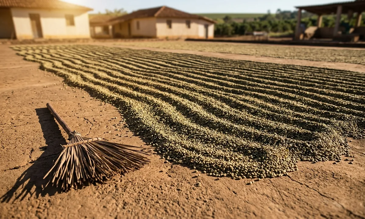 Interior de um grande armazém rural de café em Minas Gerais pela manhã, com fileiras altas de sacas de aniagem empilhadas, um palete de madeira com um lote pequeno em primeiro plano e luz empoeirada entrando por janelas altas sobre o piso de concreto