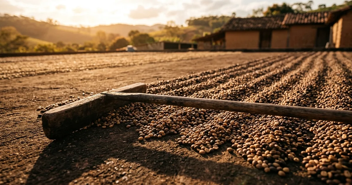 Lavoura de café em chapada alta do Cerrado Mineiro no fim da manhã, com talhões em fileiras retas até o horizonte, terra vermelha entre as ruas de plantio e céu limpo de inverno seco