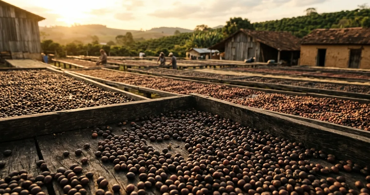 Cerejas de café secando em terreiro suspenso de tela numa propriedade de Carmo de Minas, com encostas verdes da Mantiqueira ao fundo e luz baixa de fim de tarde