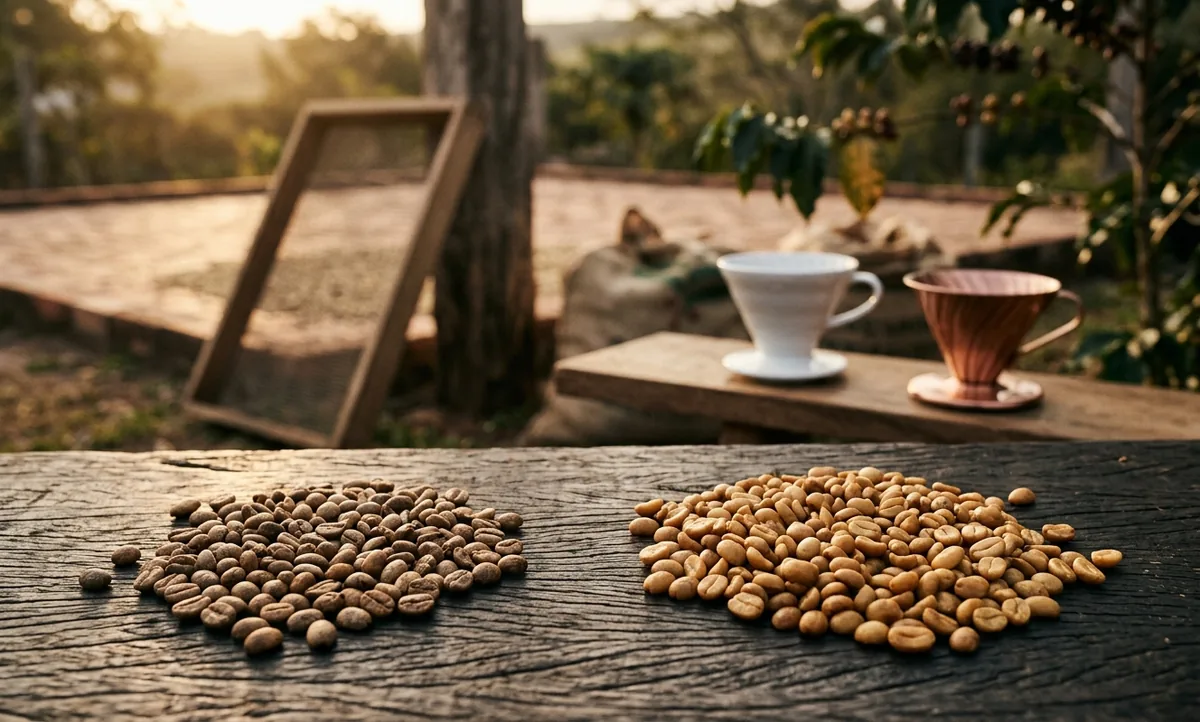 Moedor manual e pote de vidro fechado com café moído sobre bancada de madeira, com terreiro suspenso de cerejas e encostas da Mantiqueira ao fundo em Carmo de Minas