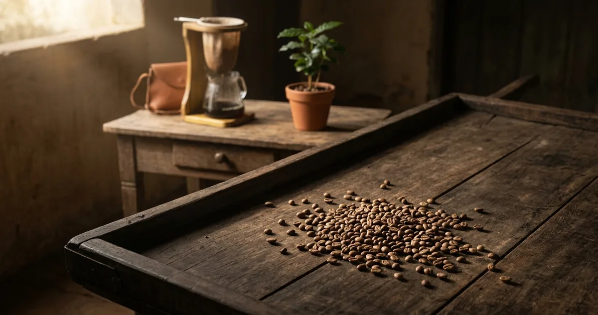 Muda de cafeeiro em vaso de barro num quintal colonial de Belém do Pará, com parede caiada e mangueiras ao fundo na luz úmida da manhã