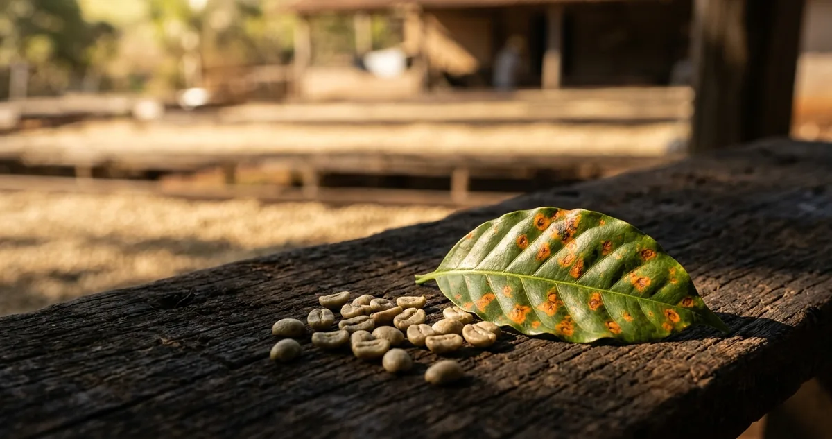 Cerejas grandes de Coffea liberica secando inteiras num terreiro suspenso de bambu sob sol forte em Batangas, nas Filipinas