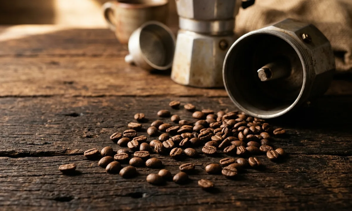 Cafeteira moka octogonal de alumínio sobre chama baixa de fogão a gás numa cozinha italiana simples, com vapor subindo