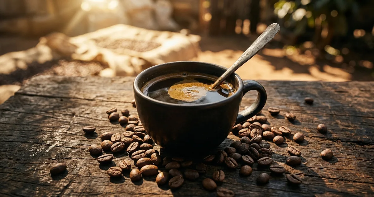 Jarra de vidro com café em imersão a frio, pó grosso suspenso na água e condensação no vidro, sobre bancada de madeira