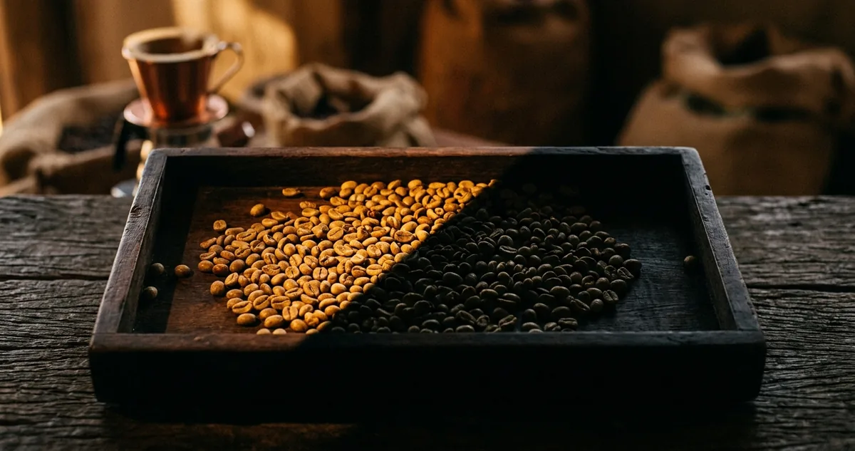 Lavoura de café em encosta alta da Serra da Mantiqueira ao amanhecer, com cerejas vermelhas no primeiro plano e névoa no vale