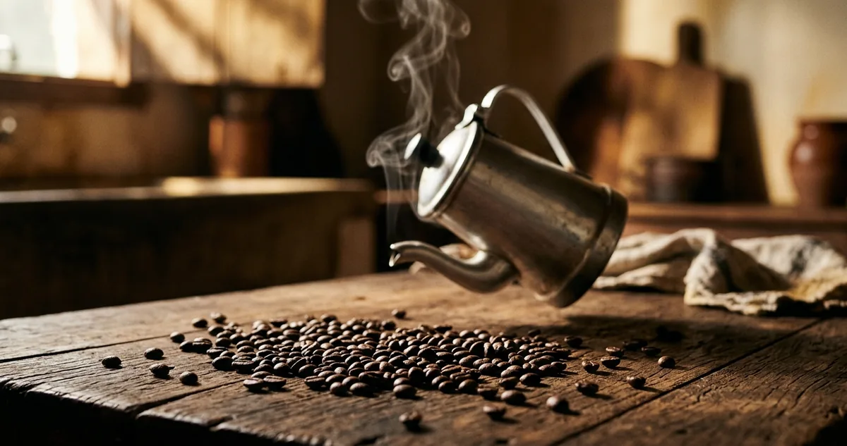 Cafeteira napolitana de cobre estanhado no fogão, com vapor fino saindo do furo do bico e uma xícara ao lado