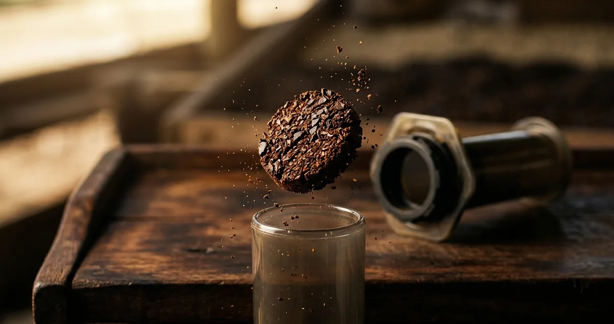 AeroPress de plástico transparente de cabeça para baixo no balcão, ao lado de moedor manual e chaleira