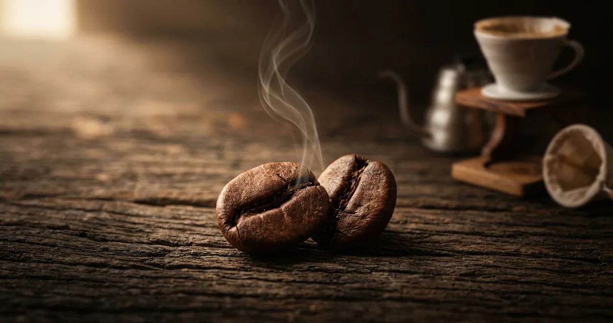 Coador V60 sobre jarra de vidro, pó recém-moído na balança e xícara de café com vapor