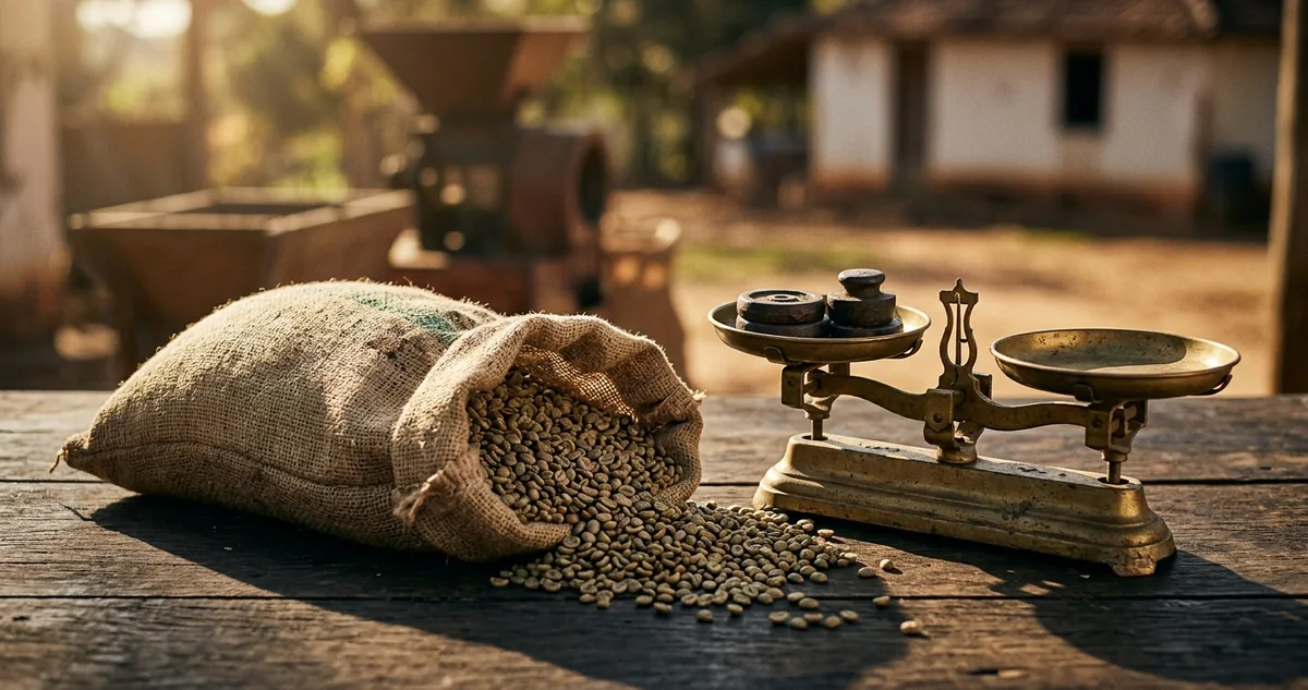 Sacas de juta empilhadas num armazém de café, com uma balança de ferro na frente