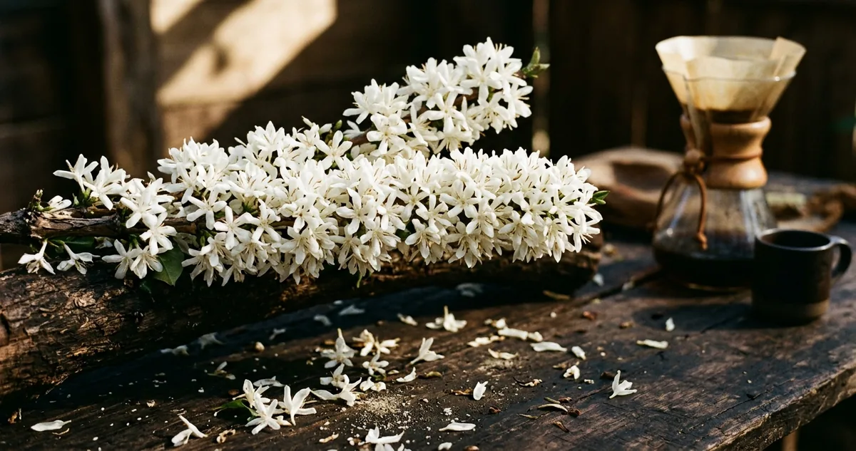 Cafezal todo em flor branca no cerrado, com um pivô de irrigação ao fundo
