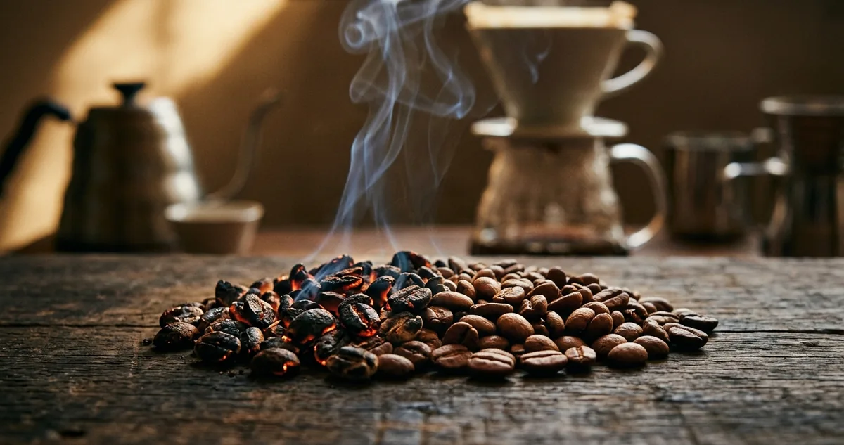 Pilhas de sacas de juta num armazém antigo de café, com luz entrando por uma janela alta