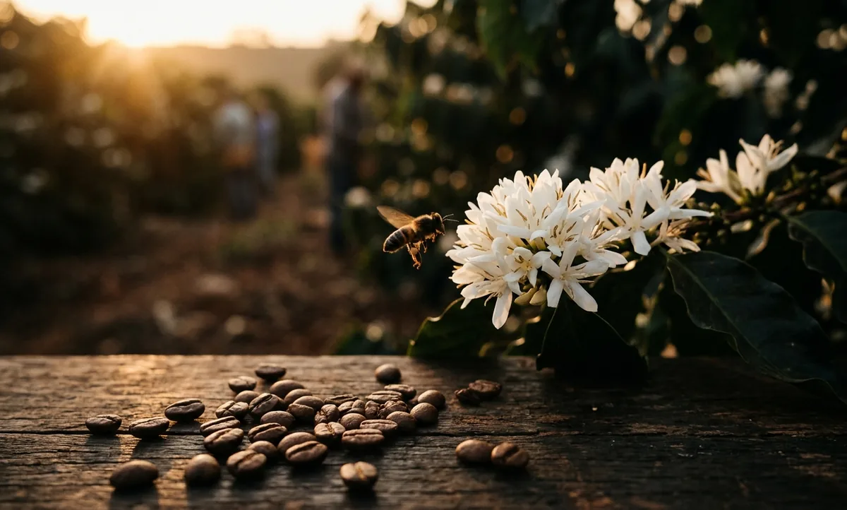 Fileiras de pés de conilon floridos numa lavoura capixaba, com uma abelha sobre as flores brancas