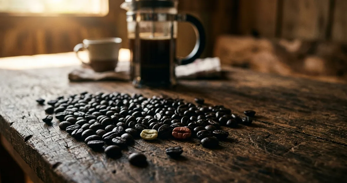 Dois montes de café torrado na mesa de madeira, um quase preto e brilhante de óleo, outro marrom-canela e fosco