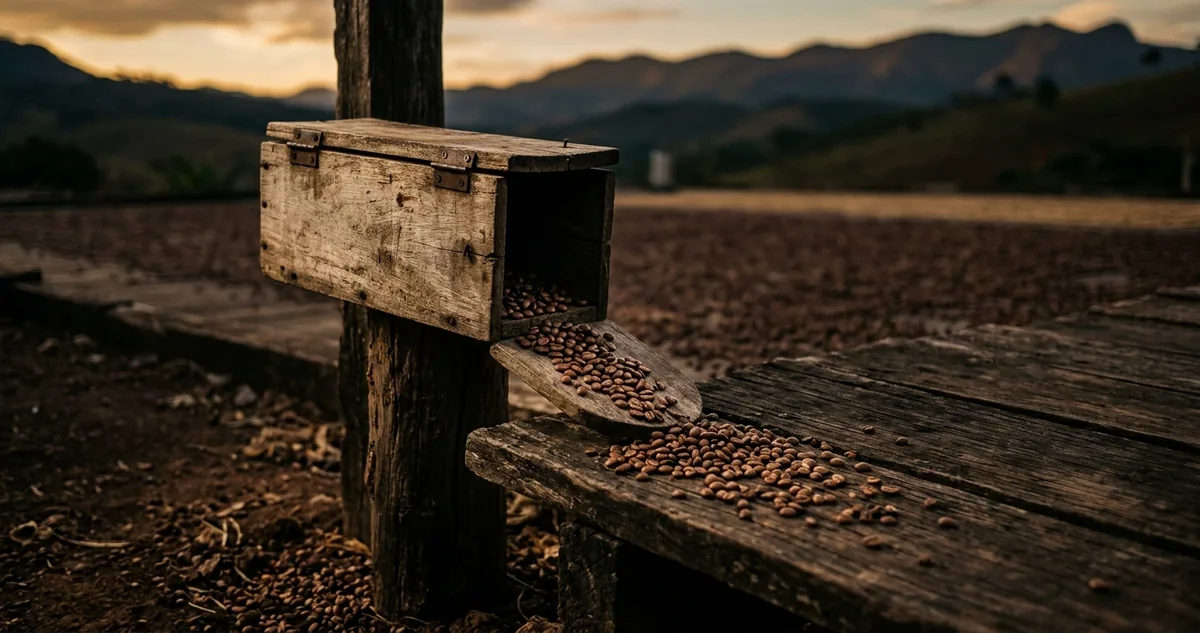 Pacote de café especial com rótulo de origem ao lado de grãos crus numa mesa de madeira