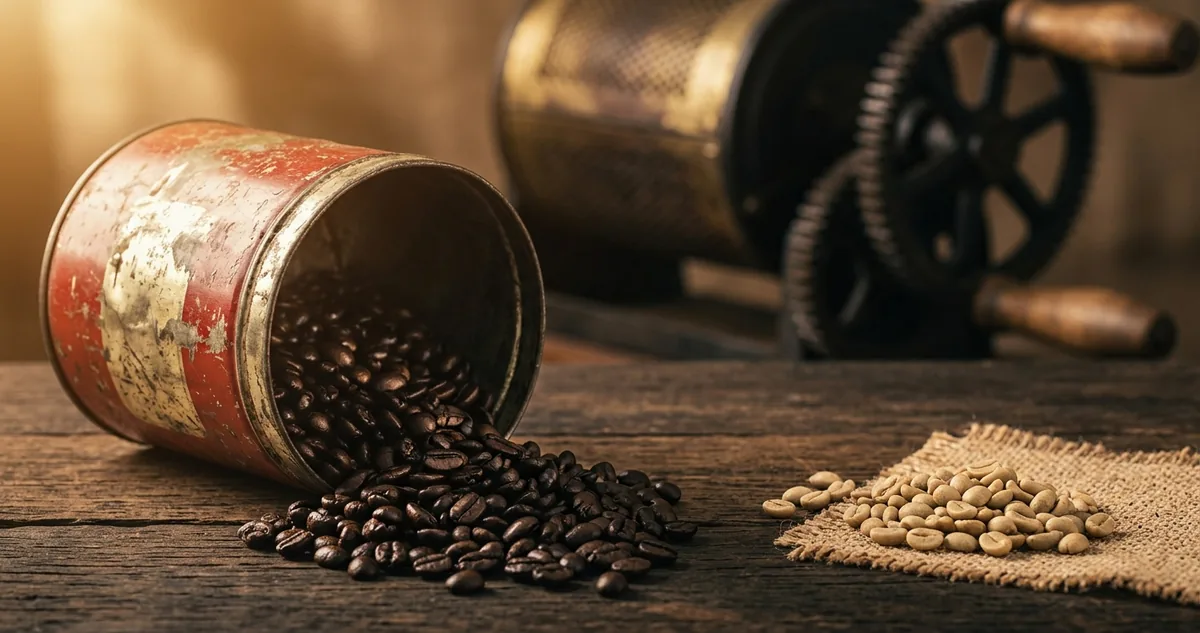 Pacote de café com etiqueta amarrada e grãos de torra clara ao lado de um coador
