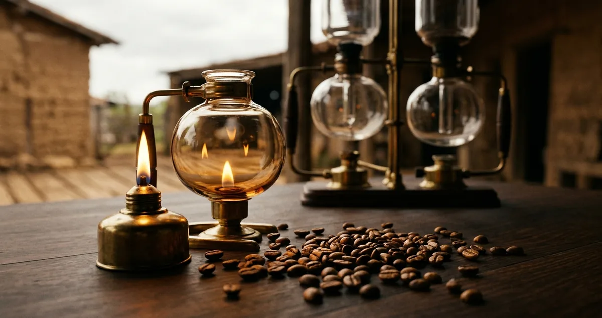 Cafeteira de sifão de vidro sobre a chama, com o café no bulbo de cima