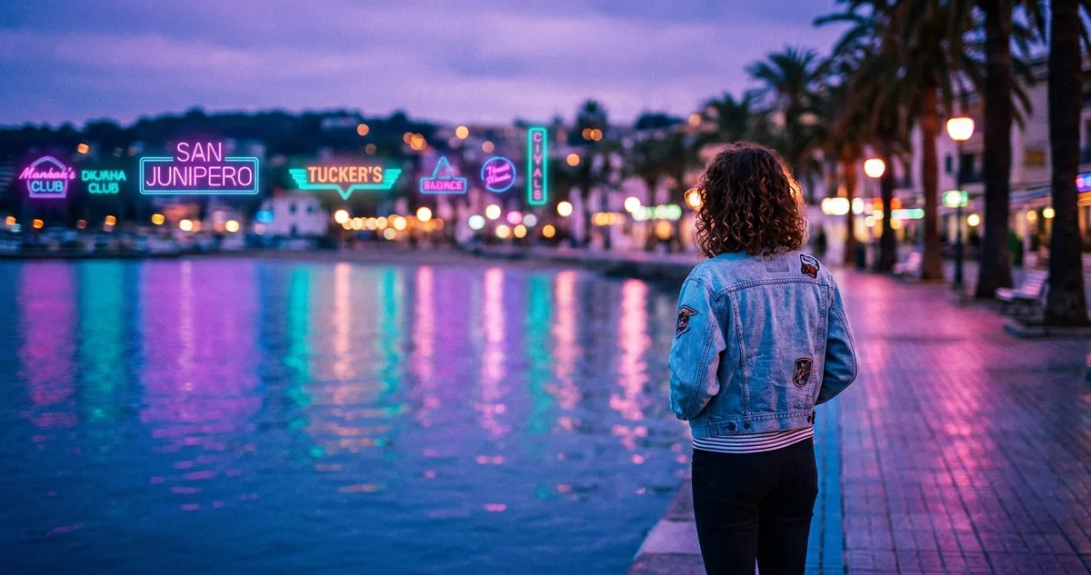 Letreiro de neon aceso na fachada de uma boate à beira-mar, com fliperamas visíveis pela porta aberta e o calçadão molhado refletindo a luz.
