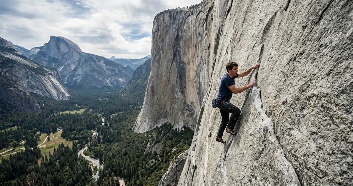 Uma parede de granito quase vertical ao amanhecer, com um escalador minúsculo na metade da rocha e nenhuma corda presa ao corpo dele.