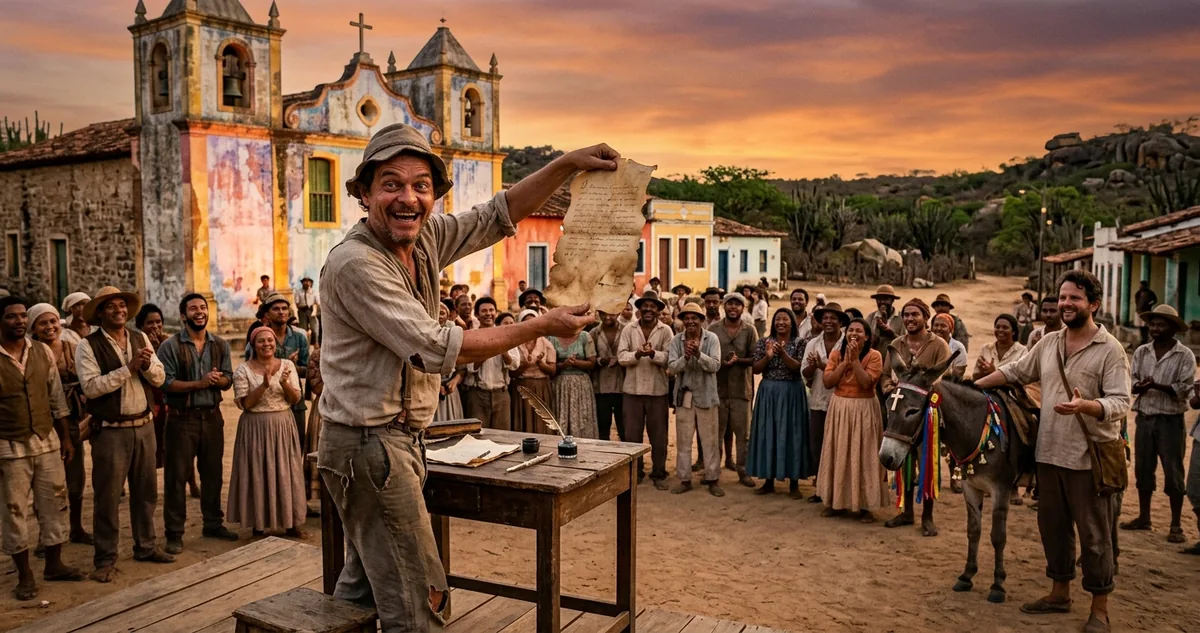 Dois homens magros de chapéu de couro parados na rua de terra de uma cidade pequena do sertão, com a igreja branca ao fundo e o sol alto.