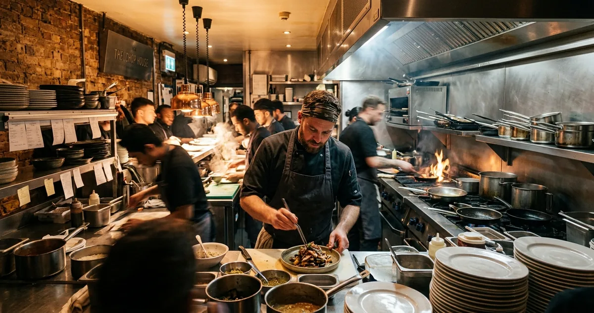 Cozinha profissional de restaurante em Londres em plena noite de serviço, com a brigada no passe.