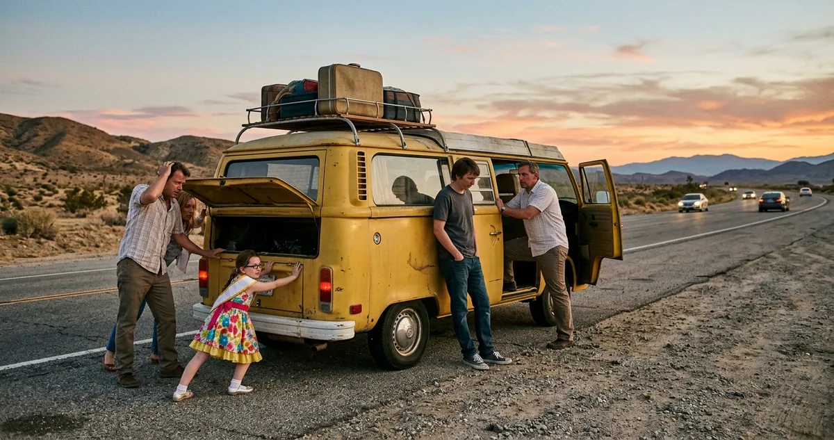 Família empurrando uma van amarela numa estrada de deserto para o motor pegar no tranco.