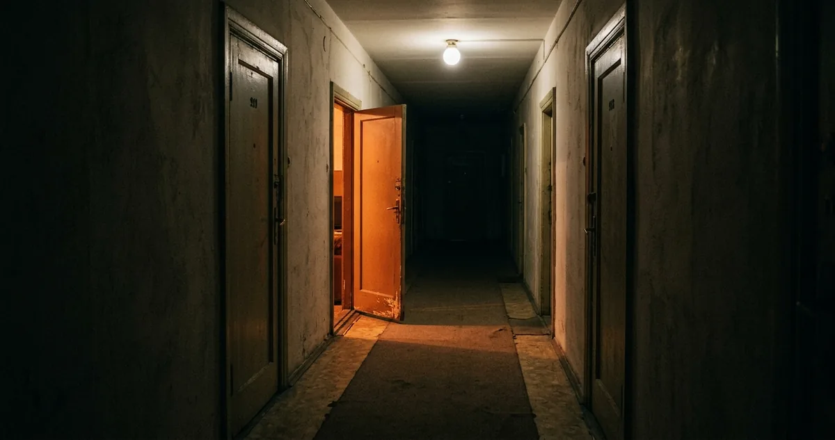 Corredor estreito de prédio residencial antigo, portas numeradas de cada lado e uma lâmpada acesa ao fundo.