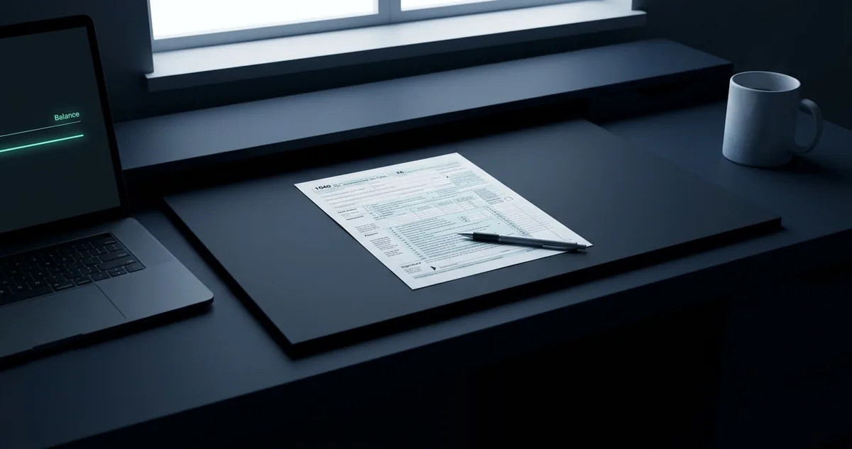 Formulário de imposto impresso sobre a mesa de trabalho, caneta parada no campo da assinatura, ao lado da borda de um laptop.