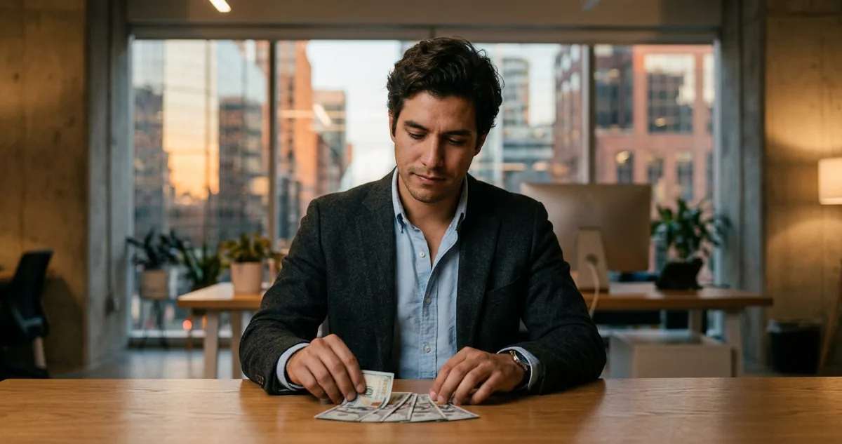 Tela de videochamada de recrutamento ao lado de uma planilha com faixas salariais em dólar anotadas à mão.