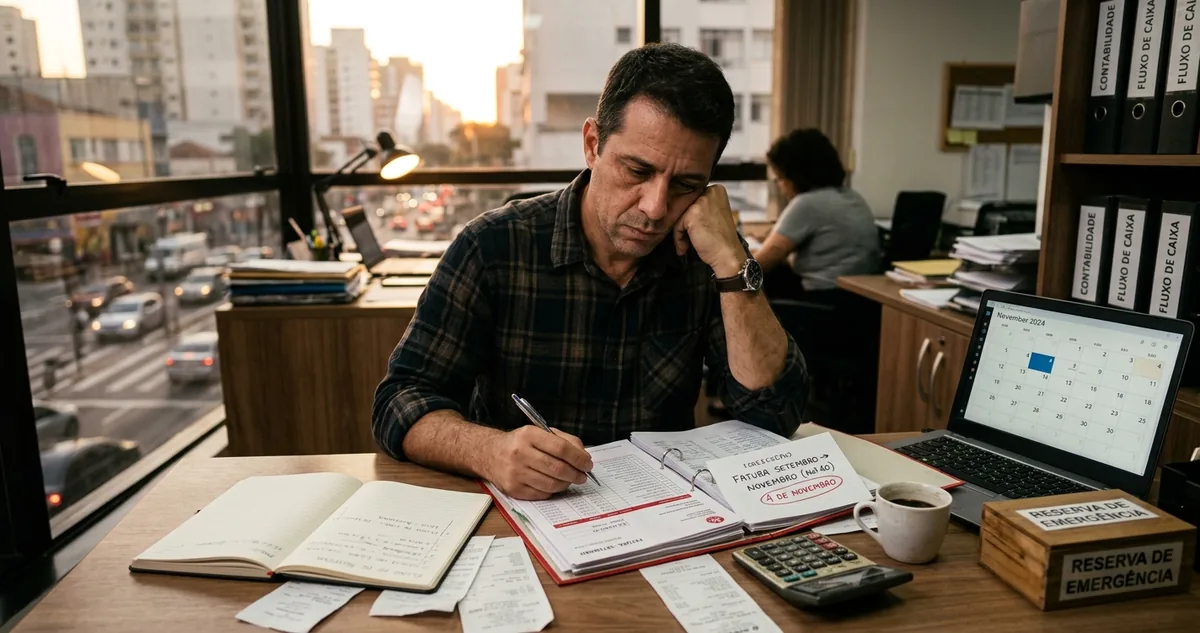 Contrato de prestação de serviço aberto na cláusula de prazo de pagamento, ao lado de um calendário com as datas do ciclo marcadas.