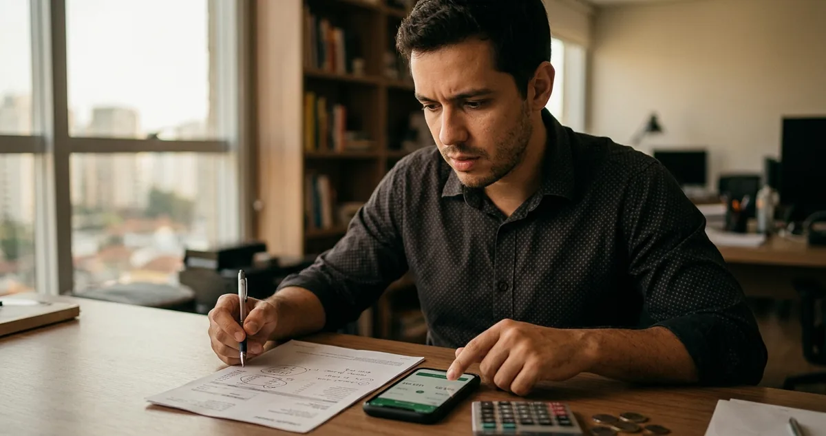 Extrato bancário aberto ao lado de um contrato de câmbio com a linha de IOF destacada.