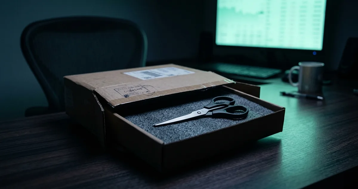 Caixa de remessa internacional aberta sobre a mesa ao lado da nota de tributos de importação.