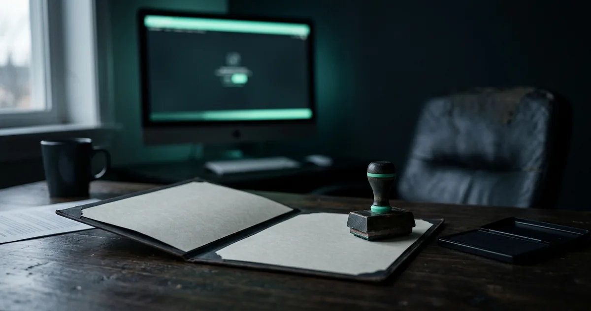 Certidão de antecedentes da Polícia Federal impressa ao lado de um notebook com o formulário de background check aberto.