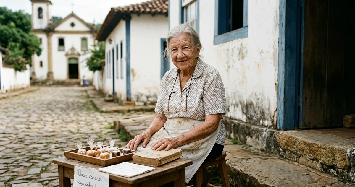 Tacho de cobre, doces e uma pilha de papéis sobre a mesa de uma casa em Goiás Velho, em 1965.