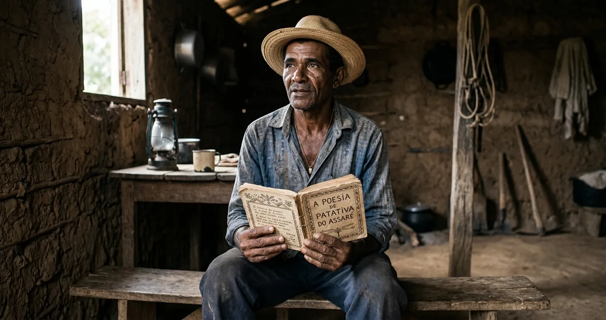 Um lavrador idoso sentado no alpendre de uma casa de taipa no sertão do Ceará, recitando de cabeça erguida ao entardecer.