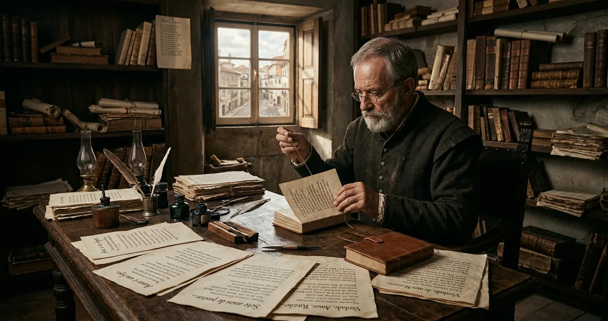 Uma mesa de impressor em Lisboa no fim do século dezesseis, coberta de folhas manuscritas soltas à luz de vela.
