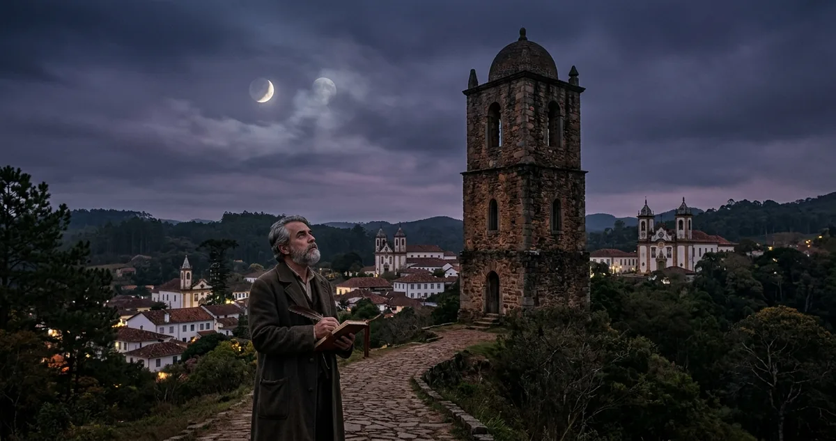 Torre de igreja barroca sob a lua cheia, com o reflexo da mesma lua na água escura ao fundo.