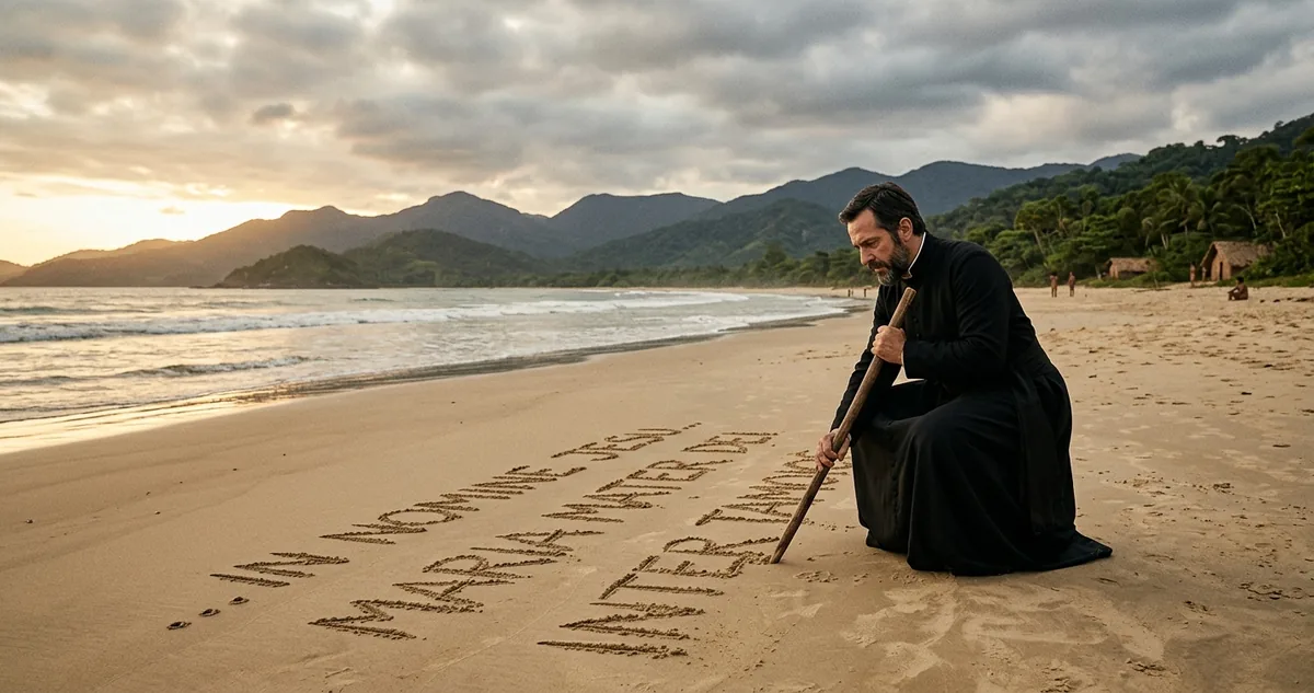 Praia de Iperoig ao amanhecer, versos traçados com um graveto na faixa de areia molhada.