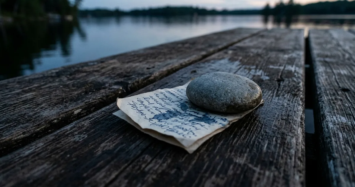 Bilhete manuscrito dobrado dentro de um livro sobre mesa de madeira, luz de fim de tarde.