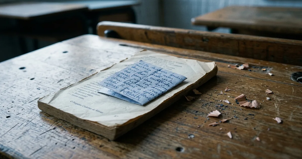 Bilhete manuscrito dobrado no bolso de um paletó pendurado na cadeira, luz de fim de tarde.