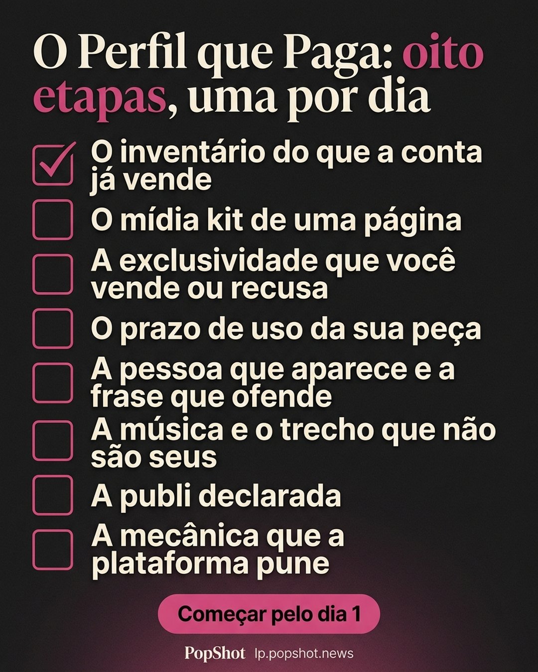 O Perfil que Paga: oito etapas, uma por dia: O inventário do que a conta já vende, O mídia kit de uma página, A exclusividade que você vende ou recusa, O prazo de uso da sua peça, A pessoa que aparece e a frase que ofende, A música e o trecho que não são seus, A publi declarada, A mecânica que a plataforma pune. Começar pelo dia 1.