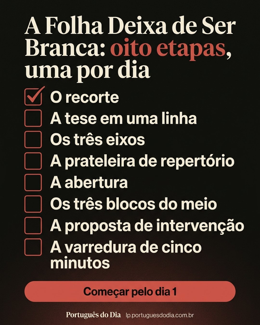 A Folha Deixa de Ser Branca: oito etapas, uma por dia: O recorte, A tese em uma linha, Os três eixos, A prateleira de repertório, A abertura, Os três blocos do meio, A proposta de intervenção, A varredura de cinco minutos. Começar pelo dia 1.