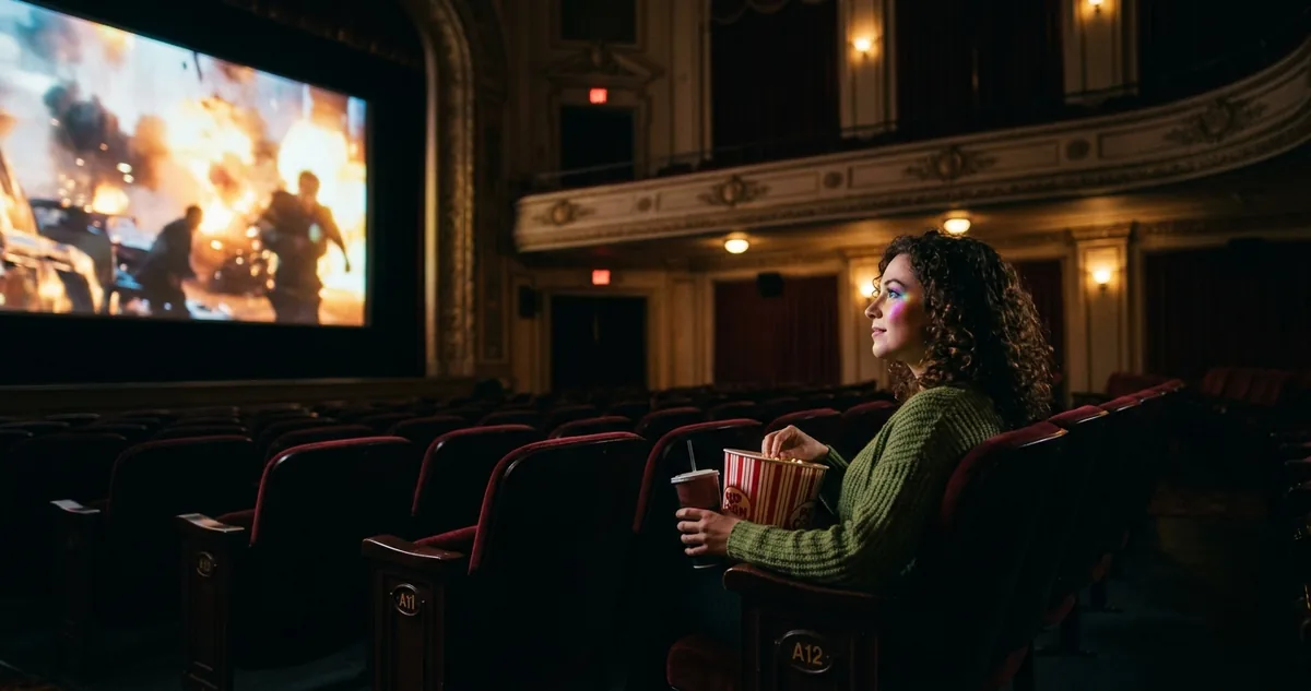 Uma sala de cinema vazia com a tela acesa e um caderno de anotações aberto sobre a poltrona, sob a luz do projetor.