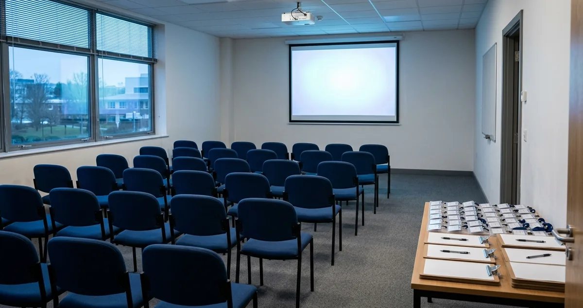 Uma sala de treinamento de hospital com o protocolo projetado na parede e a equipe de plantão sentada de crachá.