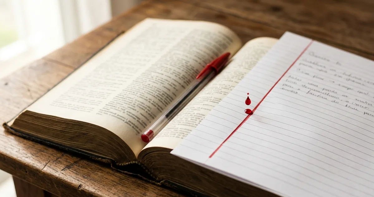 Pagina de apostila com o acento de para riscado em vermelho.